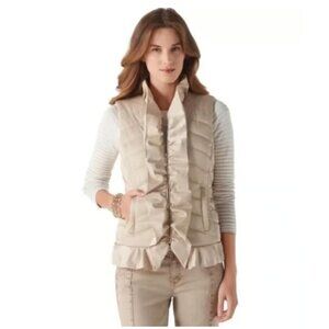White House Black Market Beige Gold Ruffled Satin Quilted Vest w/ Pockets Size L